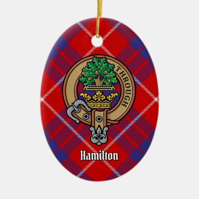Clan Hamilton Wappen über Red Tartan Keramik Ornament (Vorne)