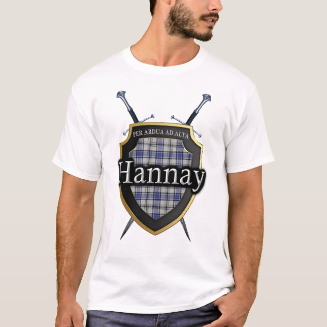 Clan Hannay Tartan-kariertes schottisches Schild T-Shirt (Vorderseite)