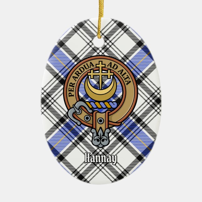 Clan Hannay Wappen über Tartan Keramik Ornament (Vorne)