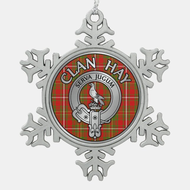 Clan Hay Wappen & Tartan Schneeflocken Zinn-Ornament (Vorderseite)