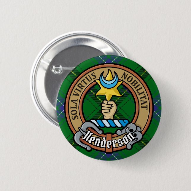 Clan Henderson Wappen über Tartan Button (Vorne & Hinten)