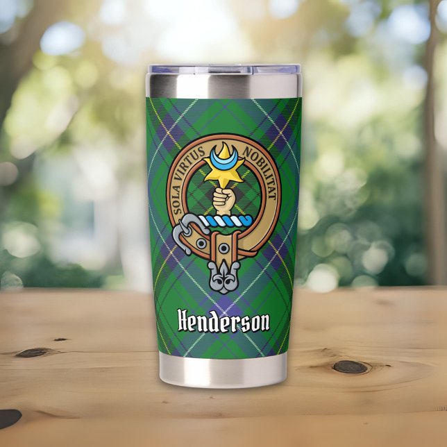 Clan Henderson Wappen über Tartan Thermobecher (Von Creator hochgeladen)
