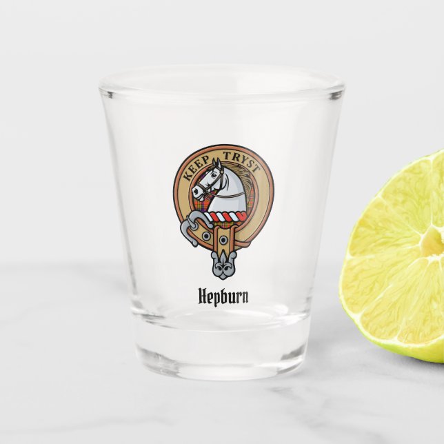 Clan Hepburn Wappen über Tartan Schnapsglas (Vorderseite)