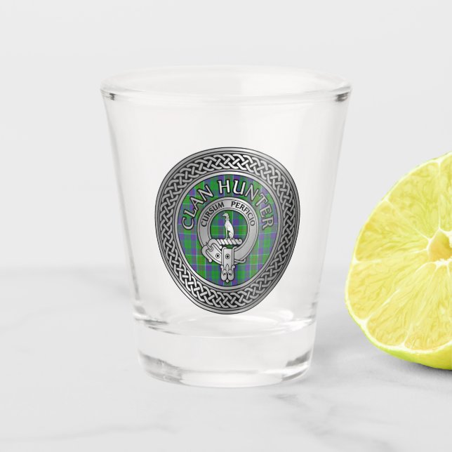 Clan Hunter Wappen & Tartan Knot Schnapsglas (Vorderseite)