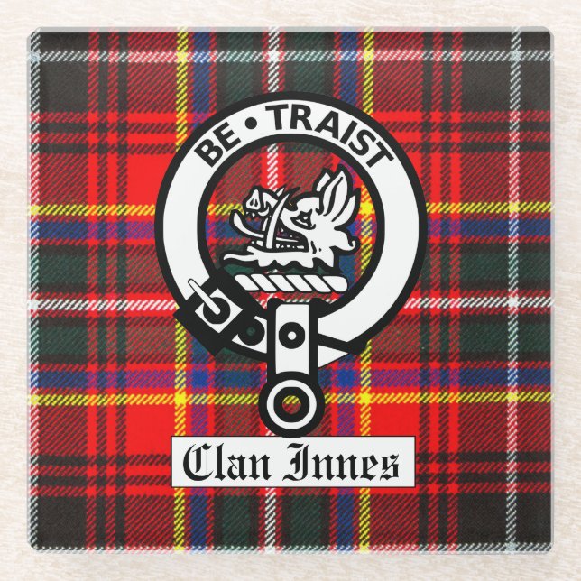 Clan Innes Wappen Abzeichen und Tartan Glasuntersetzer (Vorderseite)