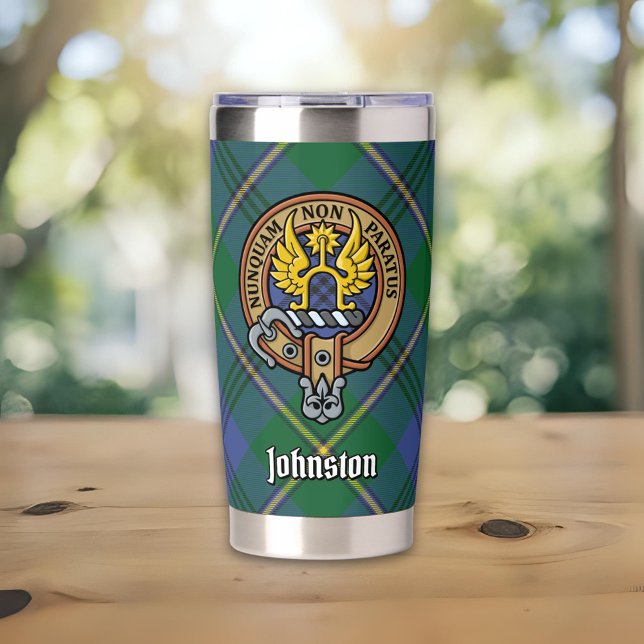 Clan Johnston Wappen über Tartan Thermobecher (Von Creator hochgeladen)