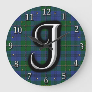 Clan Johnstone Johnston Letter J Monogram Tartan Große Wanduhr