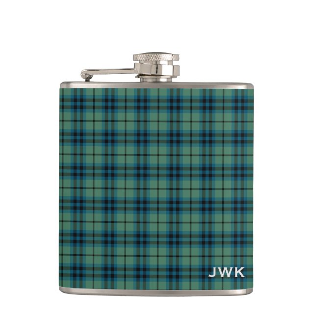 Clan Keith Light Green Scottish Tartan Monogram Flachmann (Vorderseite)