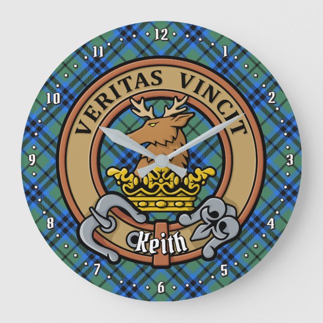 Clan Keith Wappen über Tartan Große Wanduhr (Vorderseite)