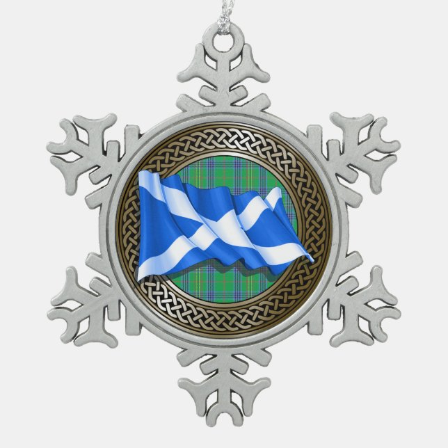 Clan Kennedy Tartan Knot & Flag Schneeflocken Zinn-Ornament (Vorderseite)