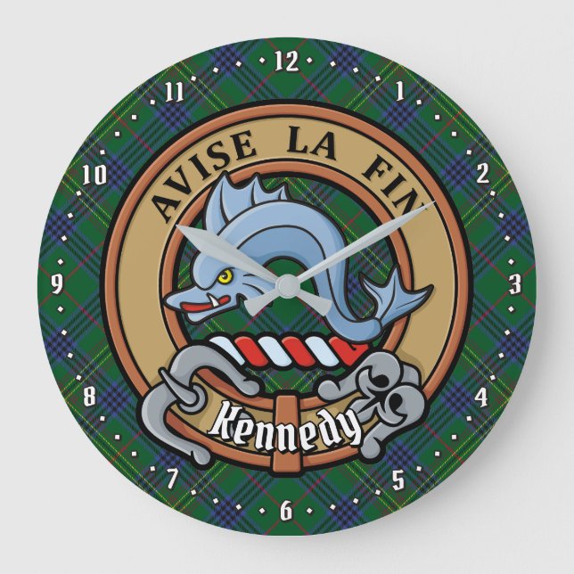 Clan Kennedy Wappen über Tartan Große Wanduhr (Vorderseite)