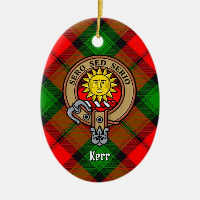 Clan Kerr Wappen über Tartan Keramik Ornament (Vorne)