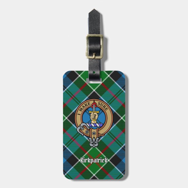 Clan Kirkpatrick Wappen über Tartan Gepäckanhänger (Vorderseite vertikal)