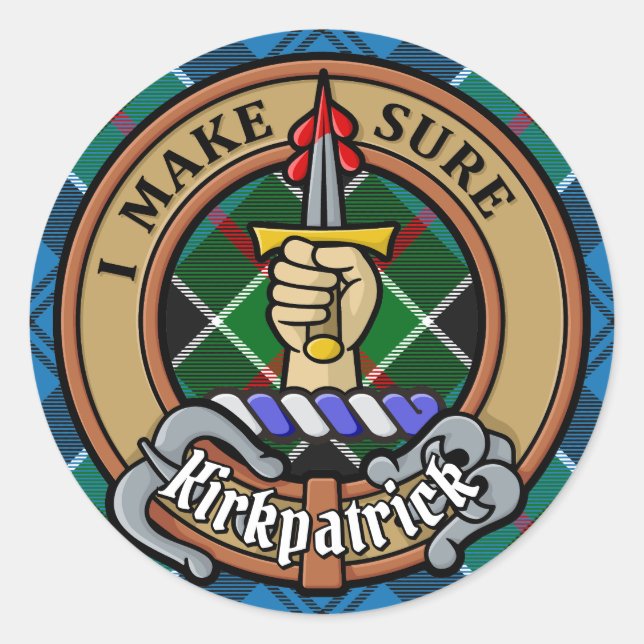 Clan Kirkpatrick Wappen über Tartan Runder Aufkleber (Vorderseite)