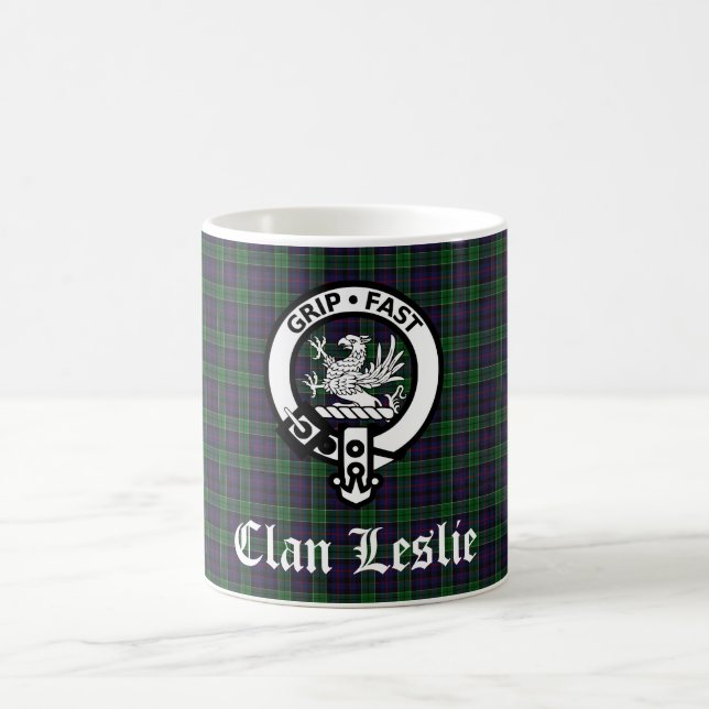 Clan Leslie Wappen Abzeichen und Tartan Kaffeetasse (Mittel)