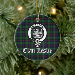 Clan Leslie Wappen Abzeichen und Tartan Keramik Ornament
