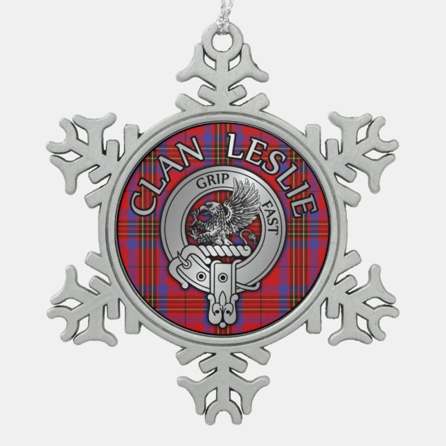 Clan Leslie Wappen & Tartan Schneeflocken Zinn-Ornament (Vorderseite)
