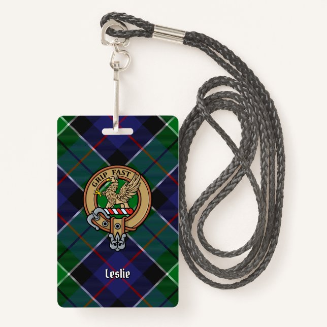 Clan Leslie Wappen über Jagd Tartan Ausweis (Vorderseite mit Schlüsselband)