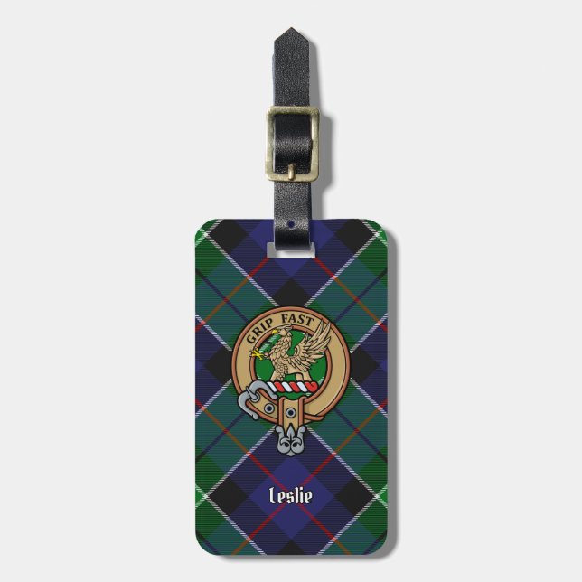 Clan Leslie Wappen über Jagd Tartan Gepäckanhänger (Vorderseite vertikal)