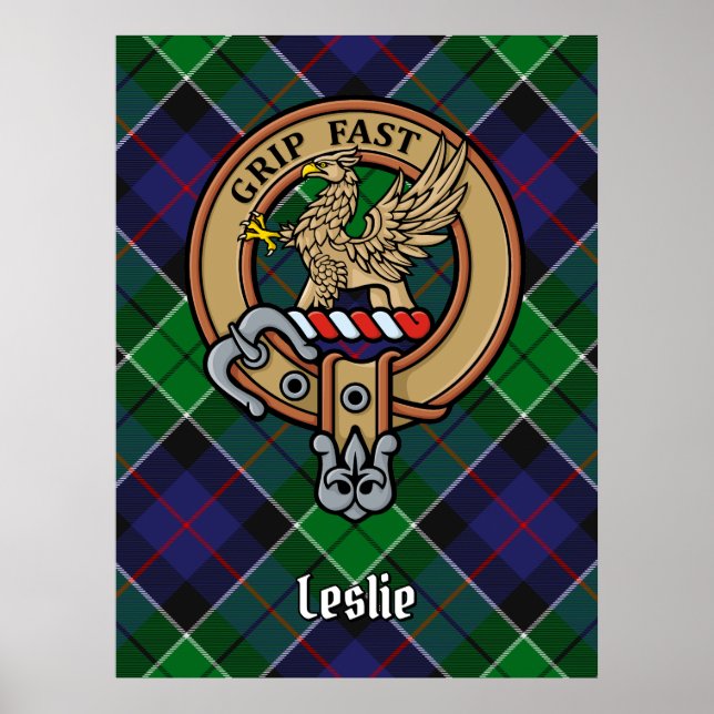 Clan Leslie Wappen über Jagd Tartan Poster (Vorne)