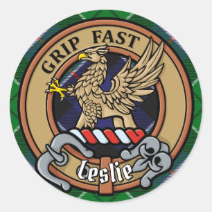 Clan Leslie Wappen über Jagd Tartan Runder Aufkleber