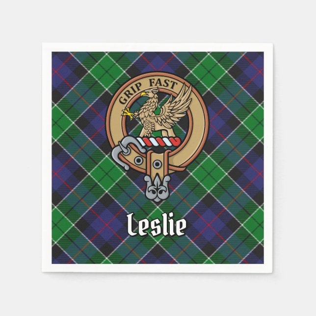 Clan Leslie Wappen über Jagd Tartan Serviette (Vorderseite)