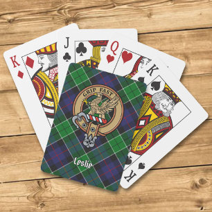 Clan Leslie Wappen über Jagd Tartan Spielkarten