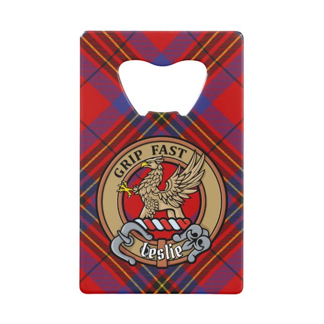 Clan Leslie Wappen über Red Tartan Geldbeutel Flaschenöffner (Vorderseite)