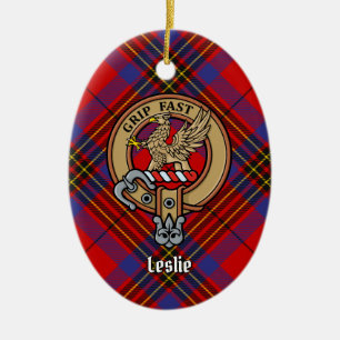 Clan Leslie Wappen über Red Tartan Keramik Ornament