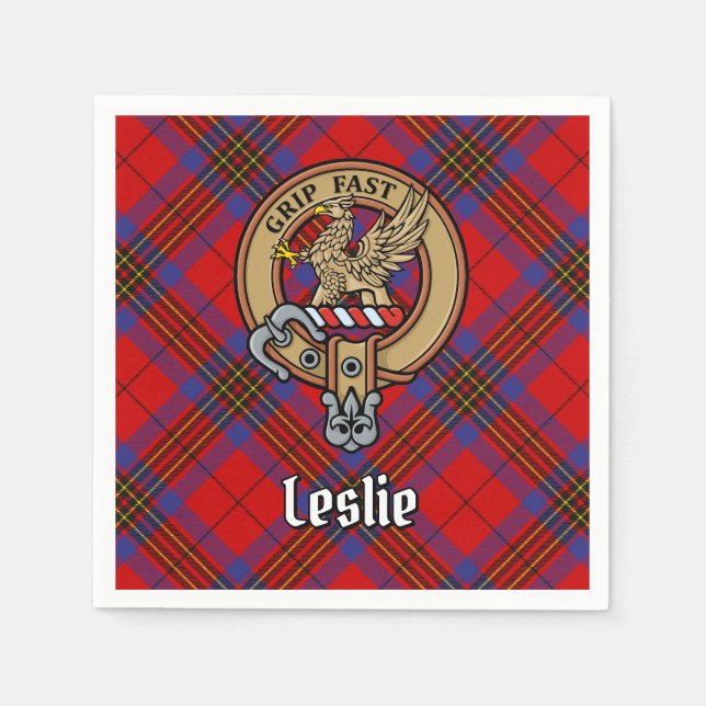 Clan Leslie Wappen über Red Tartan Serviette (Vorderseite)