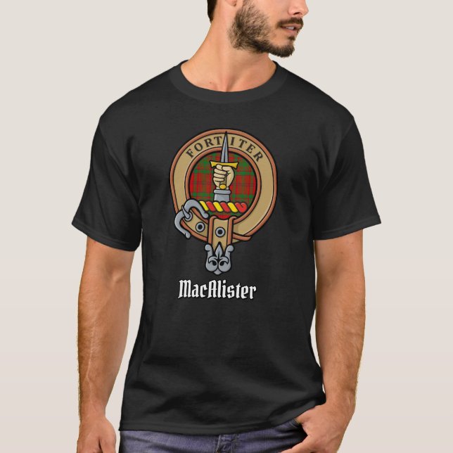 Clan MacAlister Wappen über Glenbarr Tartan T-Shirt (Vorderseite)