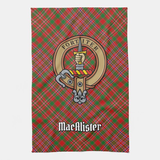 Clan MacAlister Wappen über Tartan Küchentuch (Vertikal)