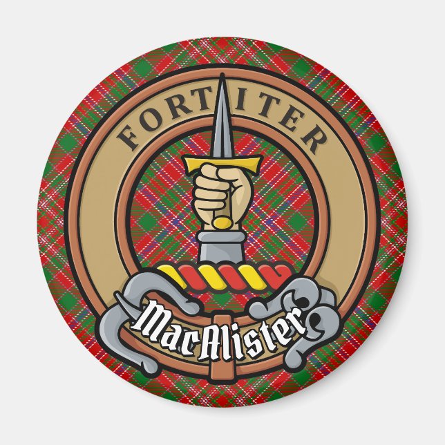 Clan MacAlister Wappen über Tartan Magnet (Vorne)