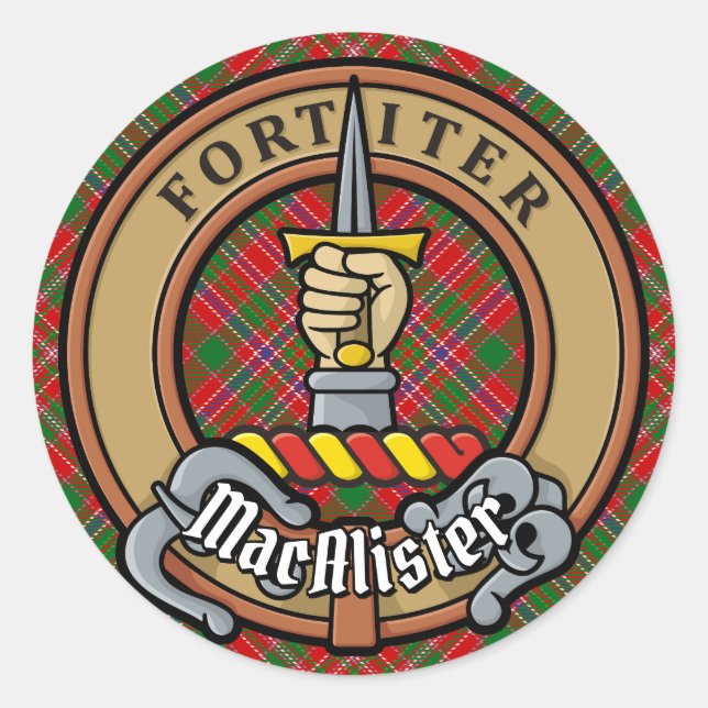 Clan MacAlister Wappen über Tartan Runder Aufkleber (Vorderseite)
