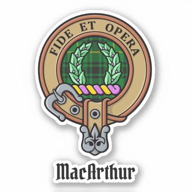 Clan MacArthur Wappen über Tartan Aufkleber (Vorderseite)