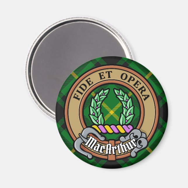 Clan MacArthur Wappen über Tartan Magnet (Vorderseite/Rückseite)