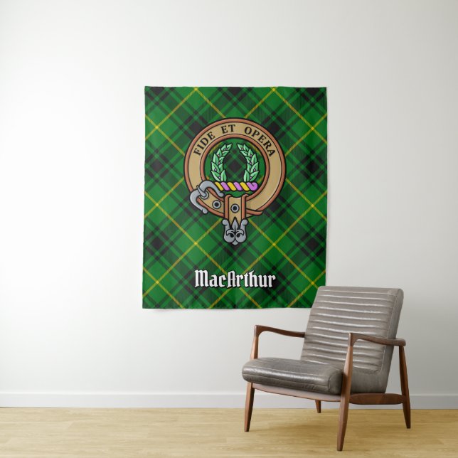 Clan MacArthur Wappen über Tartan Wandteppich (Beispiel)