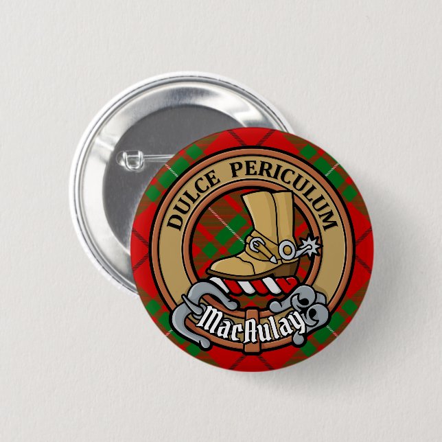 Clan MacAulay Wappen über Tartan Button (Vorne & Hinten)