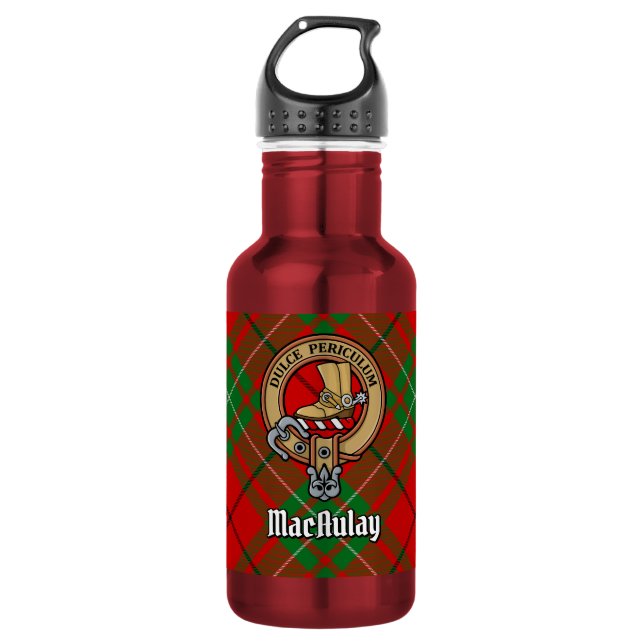 Clan MacAulay Wappen über Tartan Edelstahlflasche (Vorderseite)