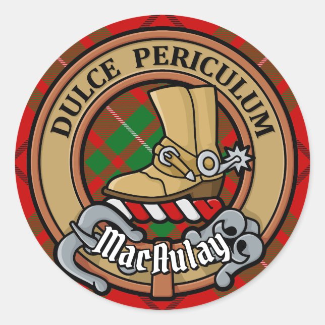 Clan MacAulay Wappen über Tartan Runder Aufkleber (Vorderseite)