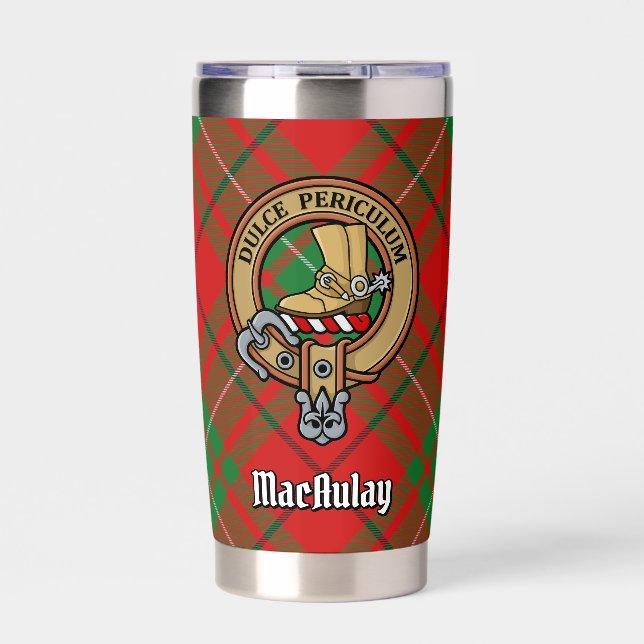 Clan MacAulay Wappen über Tartan Thermobecher (Vorderseite)