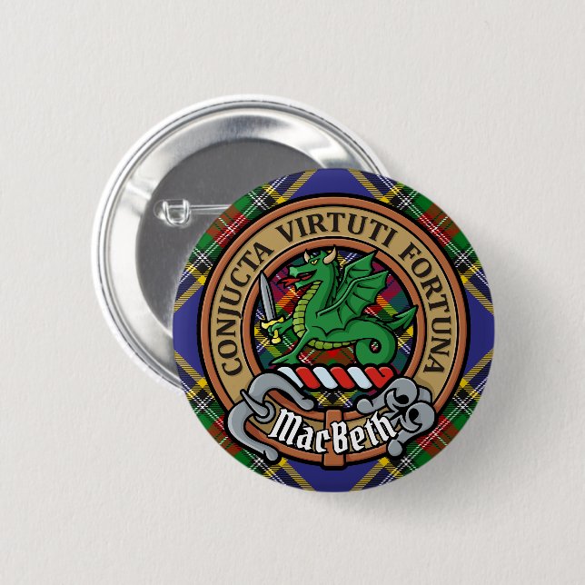 Clan MacBeth Wappen über Tartan Button (Vorne & Hinten)