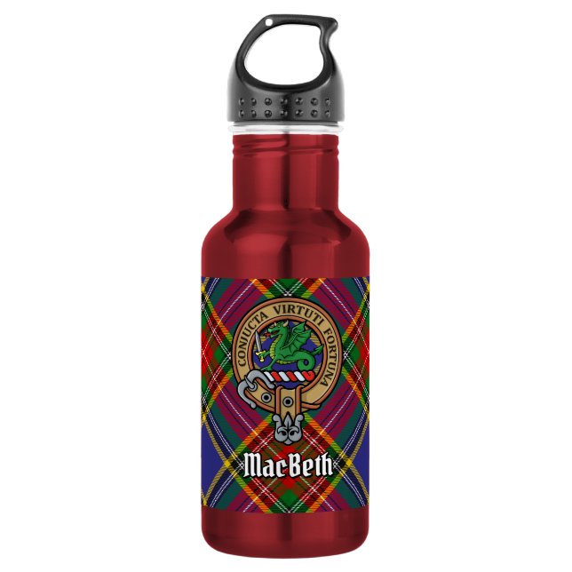 Clan MacBeth Wappen über Tartan Edelstahlflasche (Vorderseite)