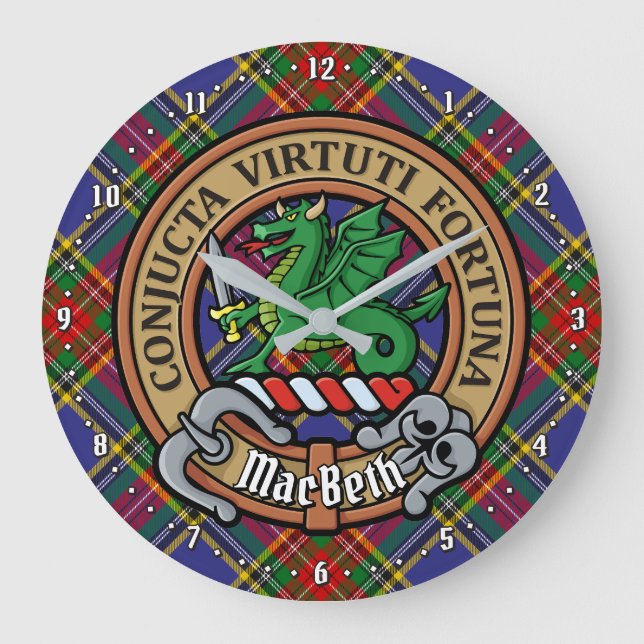 Clan MacBeth Wappen über Tartan Große Wanduhr (Vorderseite)