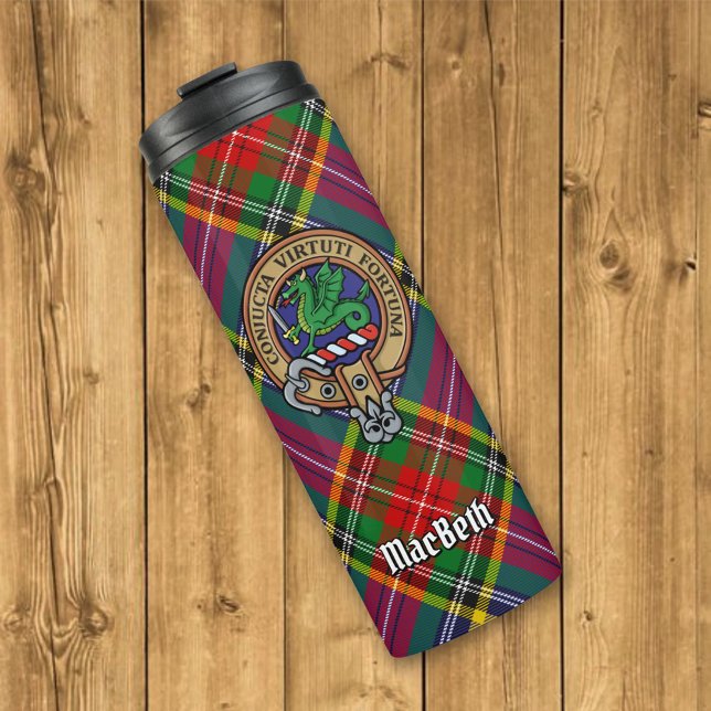Clan MacBeth Wappen über Tartan Thermosbecher (Von Creator hochgeladen)
