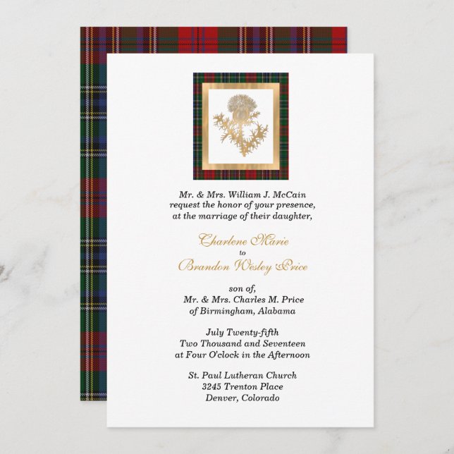 Clan MacClain Thistle Tartan Wedding Einladung (Vorne/Hinten)