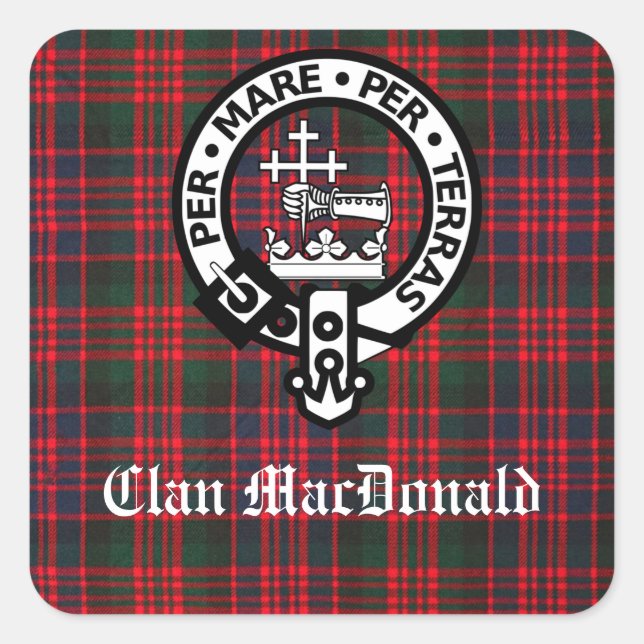Clan MacDonald Wappen & Modern Tartan Quadratischer Aufkleber (Vorderseite)
