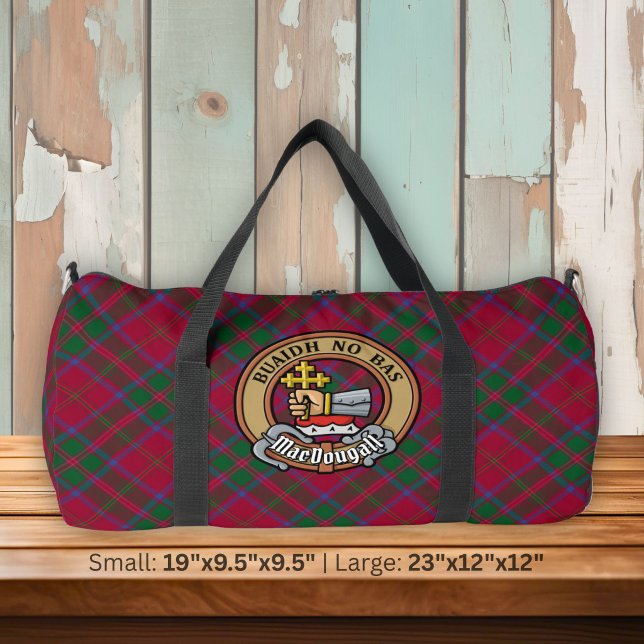 Clan MacDougall-Wappen über Tartan Duffle Bag (Von Creator hochgeladen)