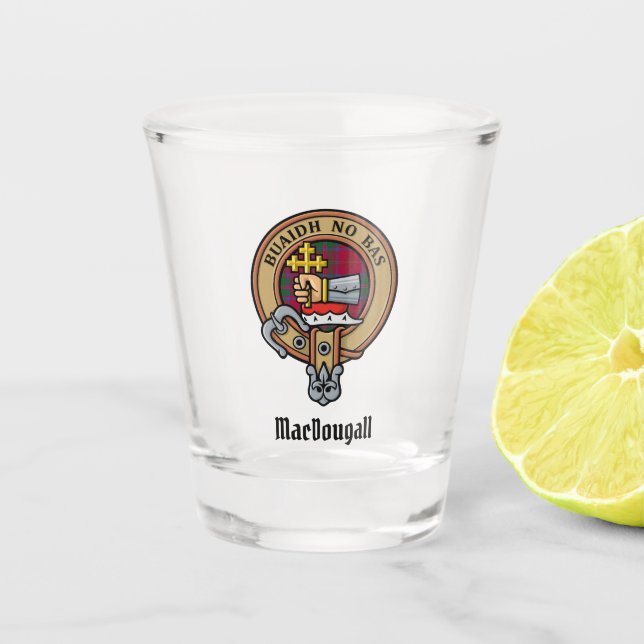 Clan MacDougall Wappen über Tartan Schnapsglas (Vorderseite)