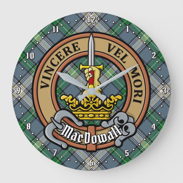 Clan MacDowall Wappen über Tartan Große Wanduhr (Vorderseite)
